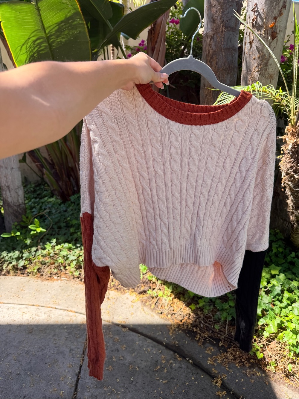 Pink Lily Cream Cable Knit Sweater with Rust and Black Accents